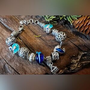 Brighton Charm Bracelet Beach Blue Fine Silver Plated Chain .999 Heart 8”